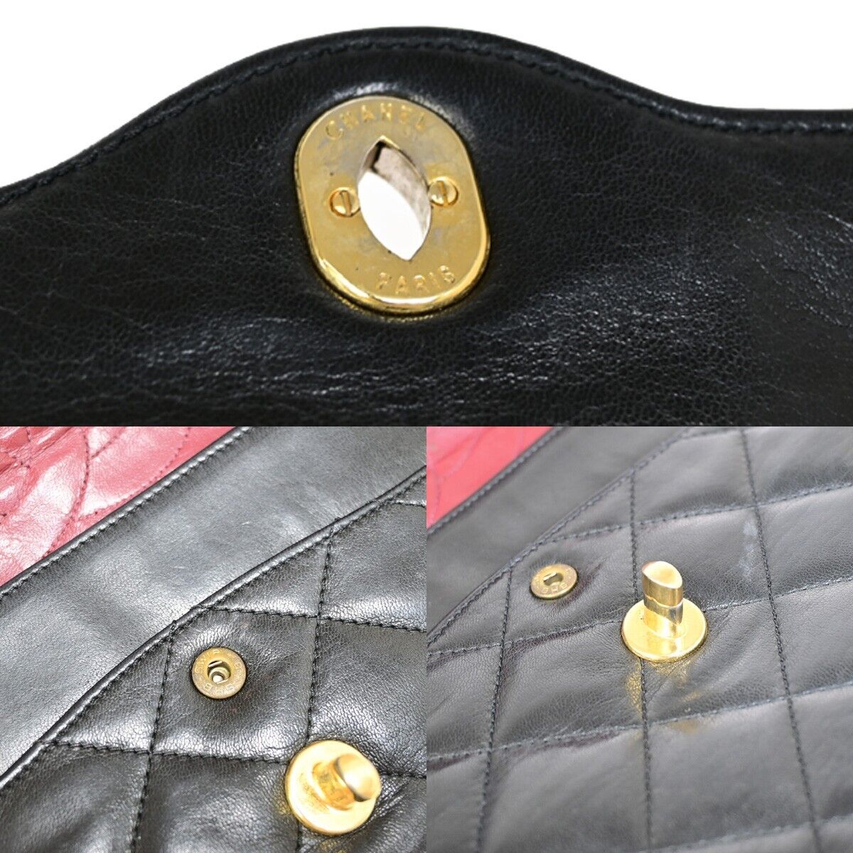 CHANEL CC Matelasse Paris Double Flap Chain Shoulder Bag Leather Black 644RF154