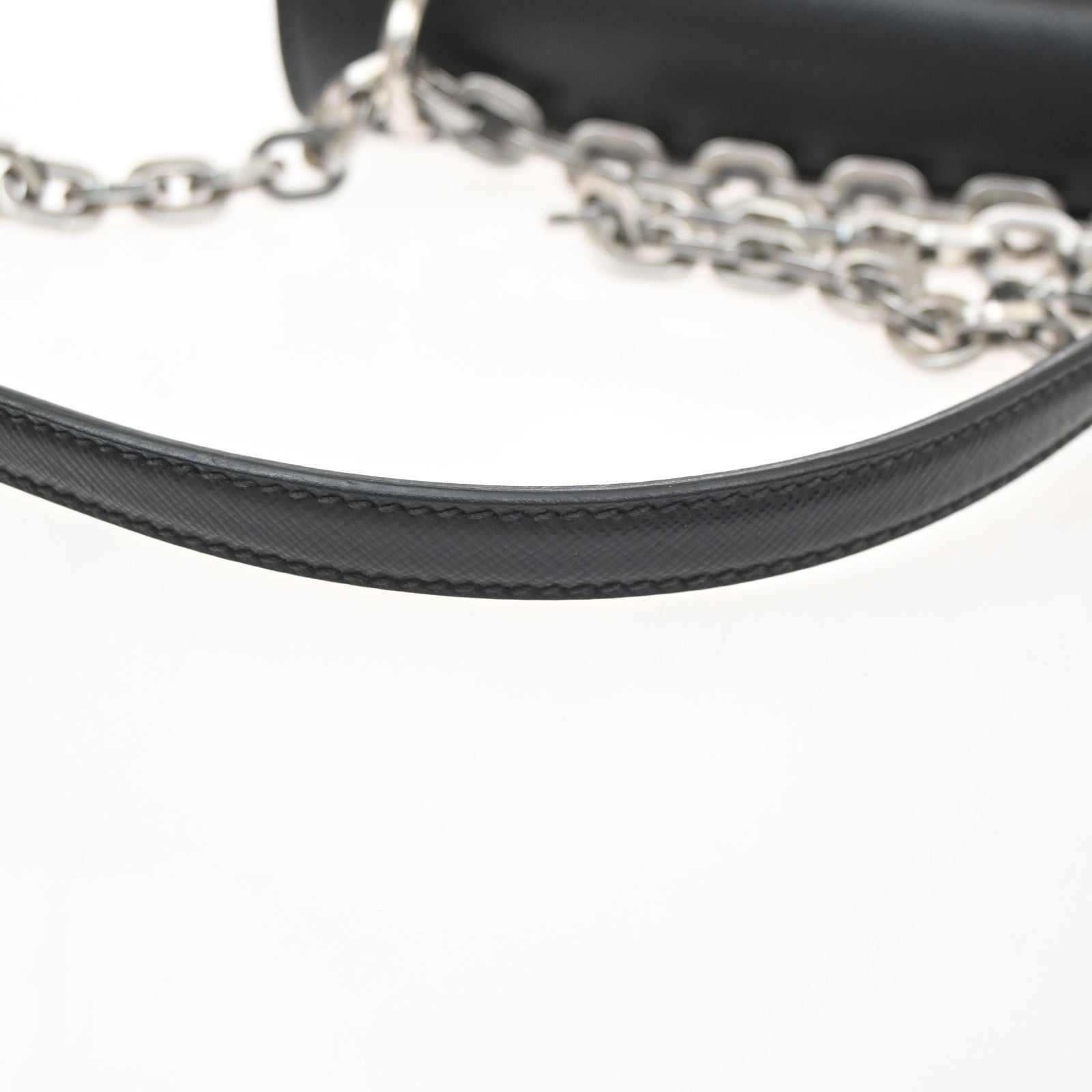 PRADA Saffiano Diagonal Chain Shoulder Bag Nylon Leather Black SHW 10KD064