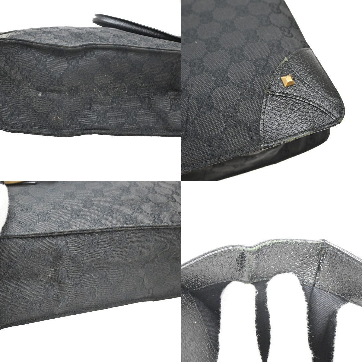 Gucci GG  Pattern Nailhead Tote Hand Bag Black Canvas Leather Italy 31SA080