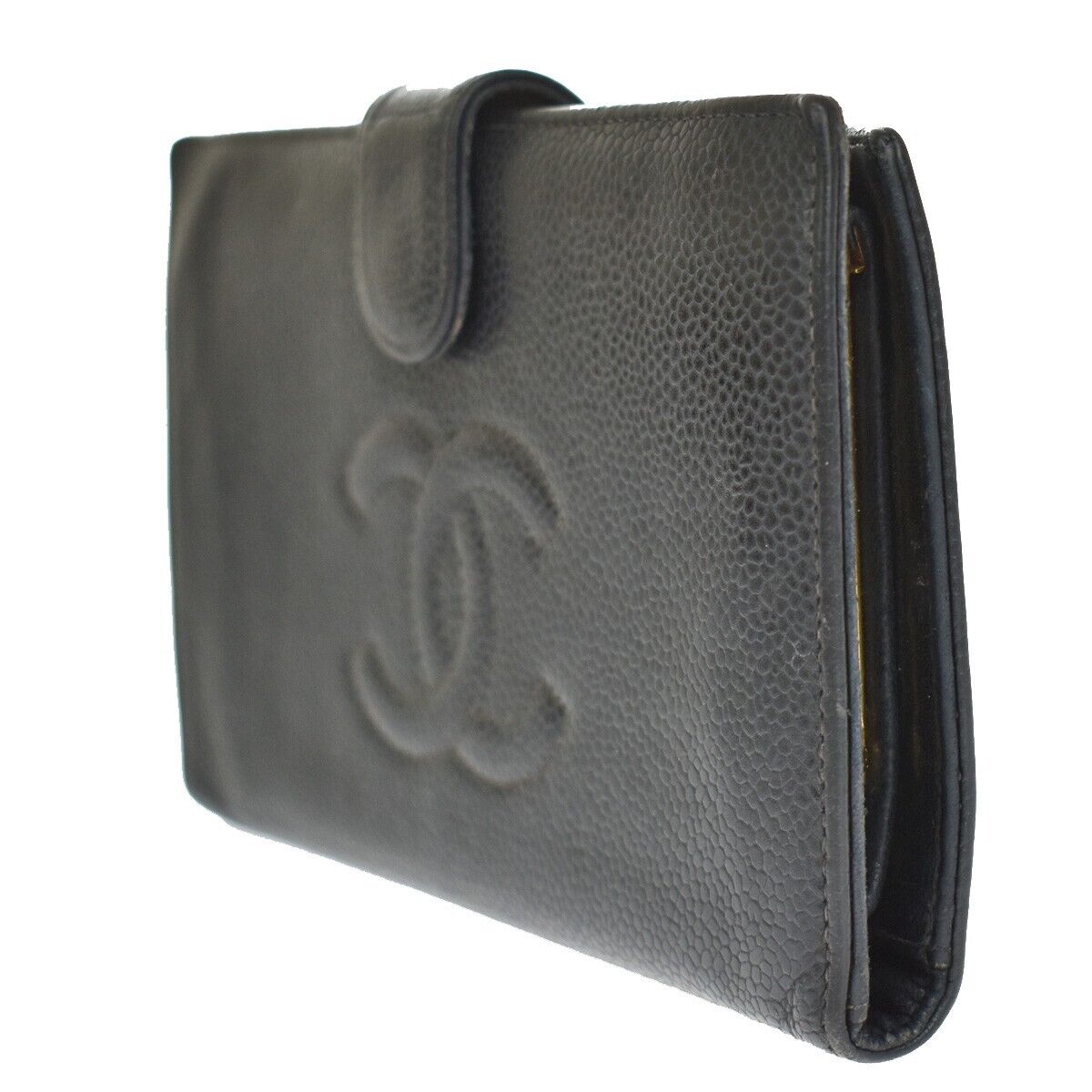 CHANEL CC Logo Long Bifold Wallet Purse Caviar Skin Leather Black GHW 61SH440