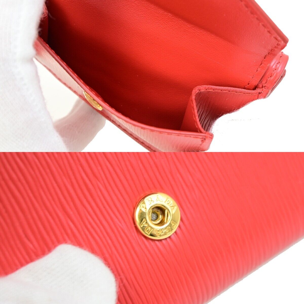 PRADA MILANO Logo Trifold Compact Wallet Vitello Move Leather Red Gold 86RF207