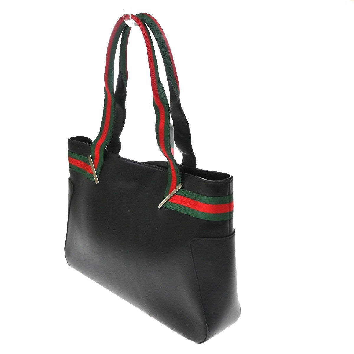 GUCCI Logo Sherry Line Hand Tote Bag Leather Canvas Black SHW Italy 83CA885