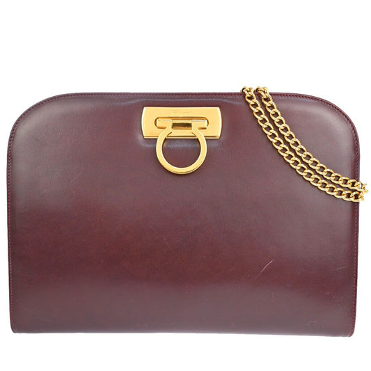 SALVATORE FERRAGAMO Chain Gancini 2Way Shoulder Clutch Bag Leather BX 39EA565
