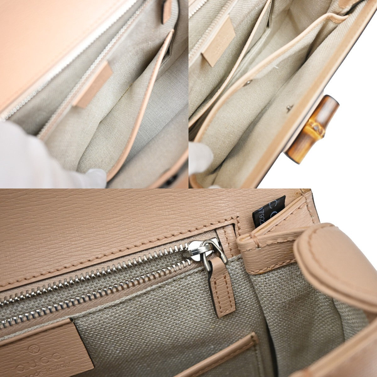 GUCCI Logo Bamboo 2Way Shoulder Hand Bag Leather Beige Silver Italy 669RL142