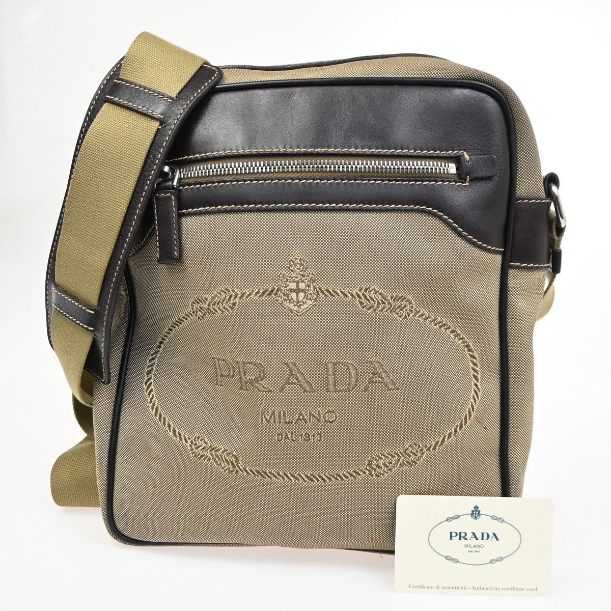 PRADA Logo Jacquard Shoulder Hand Bag Canvas Leather Brown SHW 84CA691