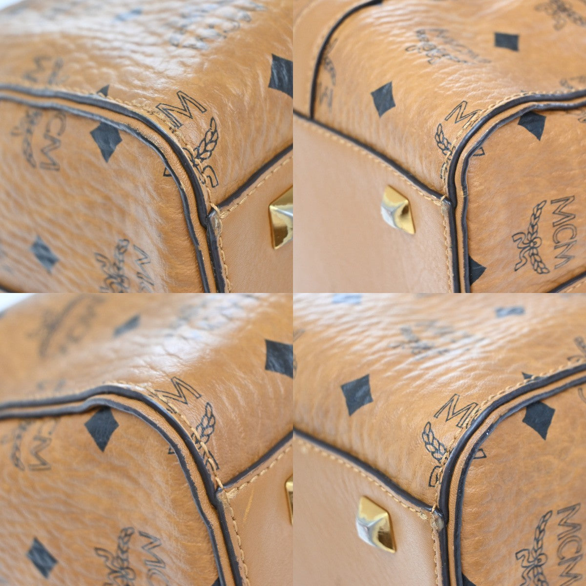 MCM Logo Travel Hand Bag Leather Brown Gold Plated 61EG132