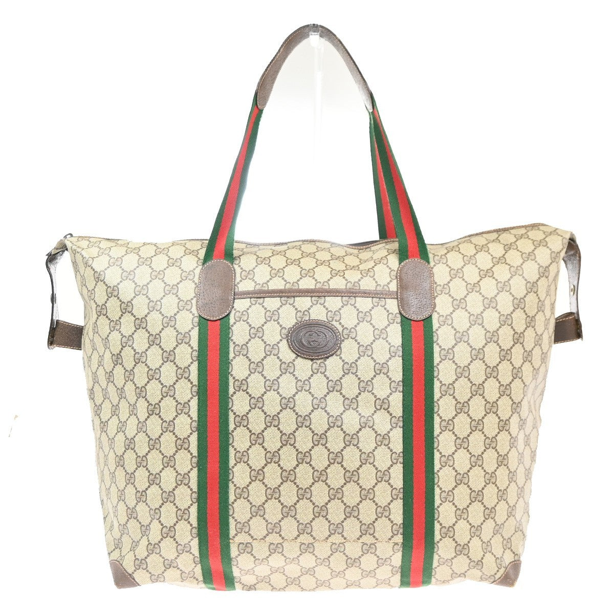 GUCCI Logo GG Sherry Line Boston Hand Bag PVC Leather Beige Italy 32MA454