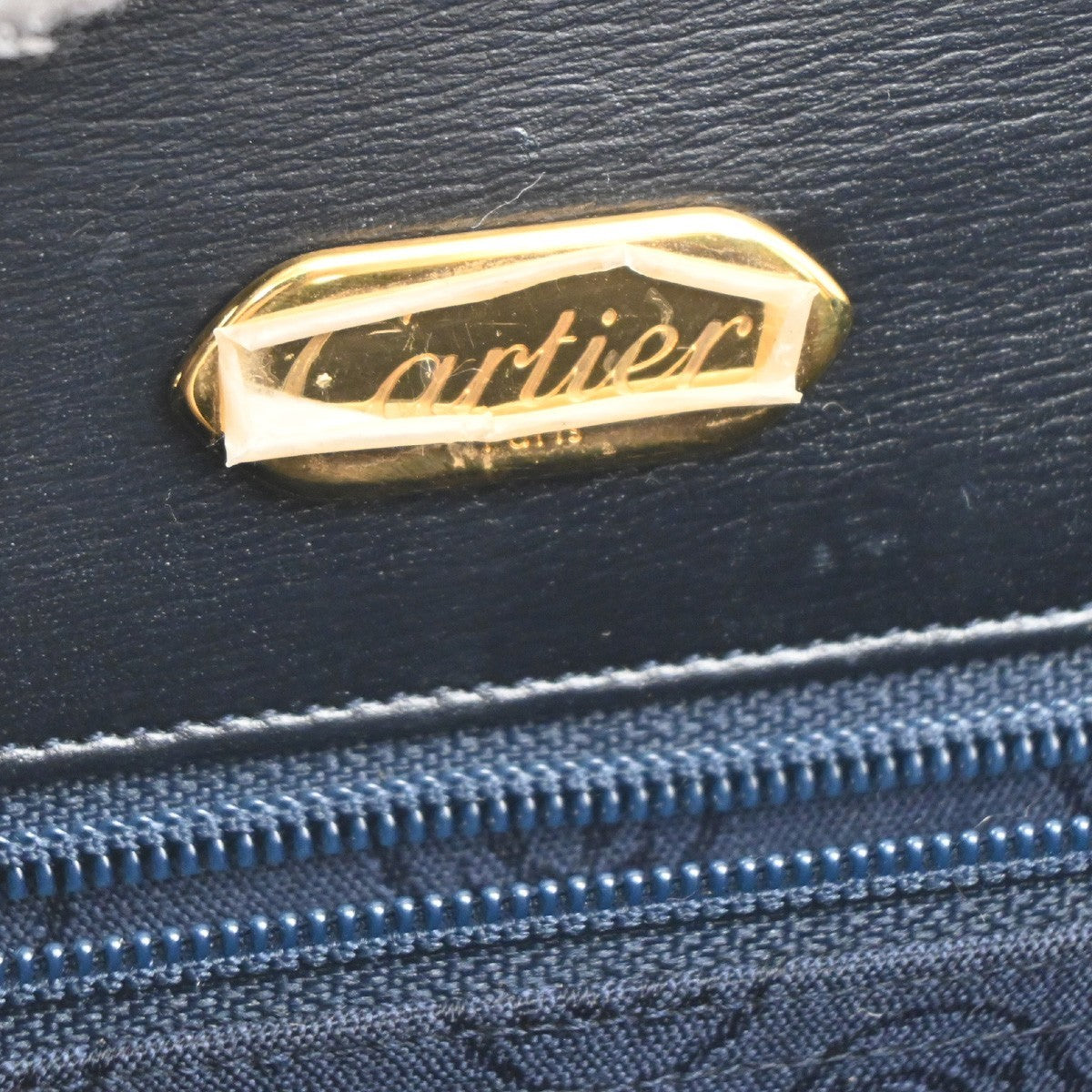 CARTIER Logo Sapphire Line Shoulder Hand Bag Leather Navy France GHW 38MA402
