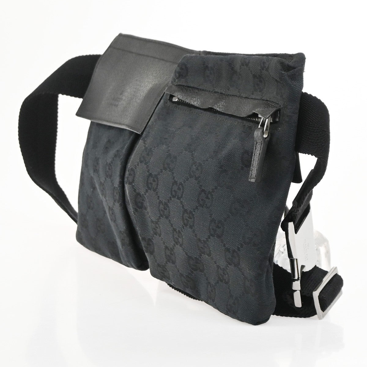 GUCCI Logo GG Pattern Mini Waist Belt Bag Canvas Leather Black SHW Italy 85KC747