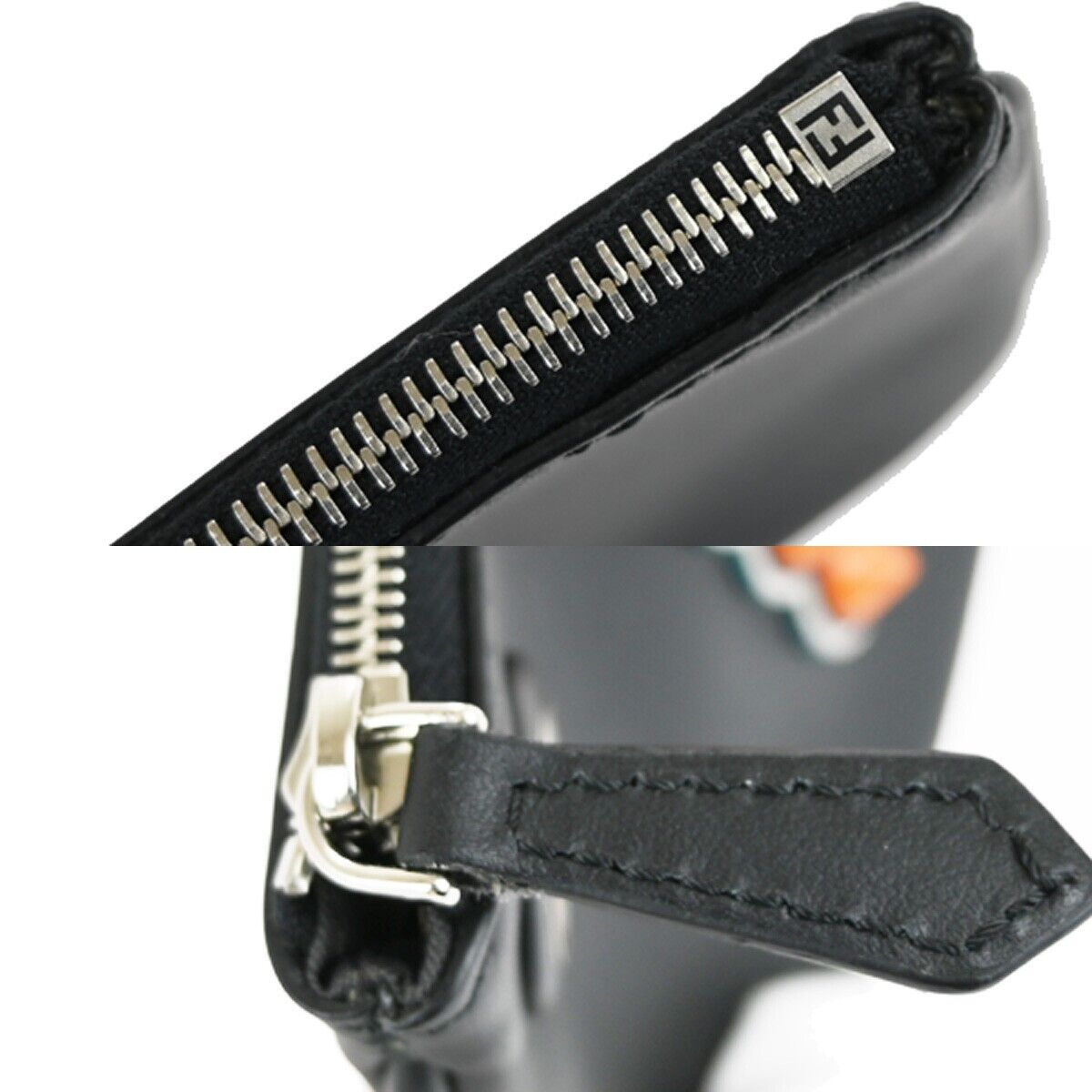 FENDI FF Logo Triplette Pouch Studs Leather Black Orange Pink Italy 35YE400