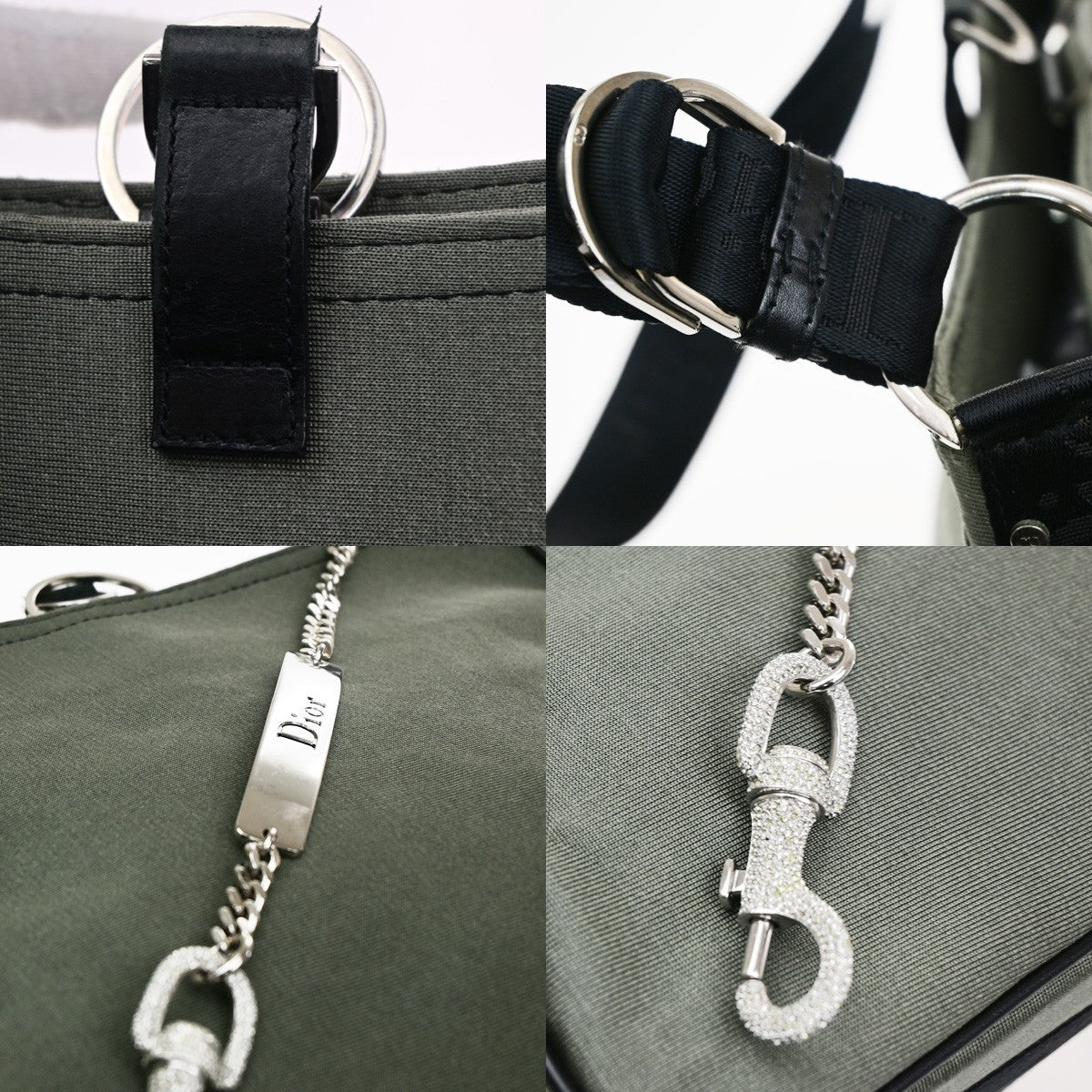 CHRISTIAN DIOR Logo Rhinestone Chain Shoulder Hand Bag Canvas Khaki 98RQ085