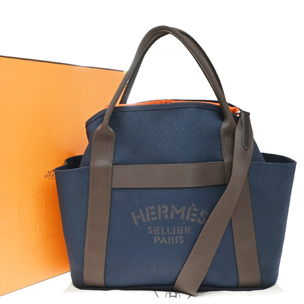 HERMES Logo Grooming 2Way Shoulder Hand Bag Canvas Leather Blue Orange 332LC612