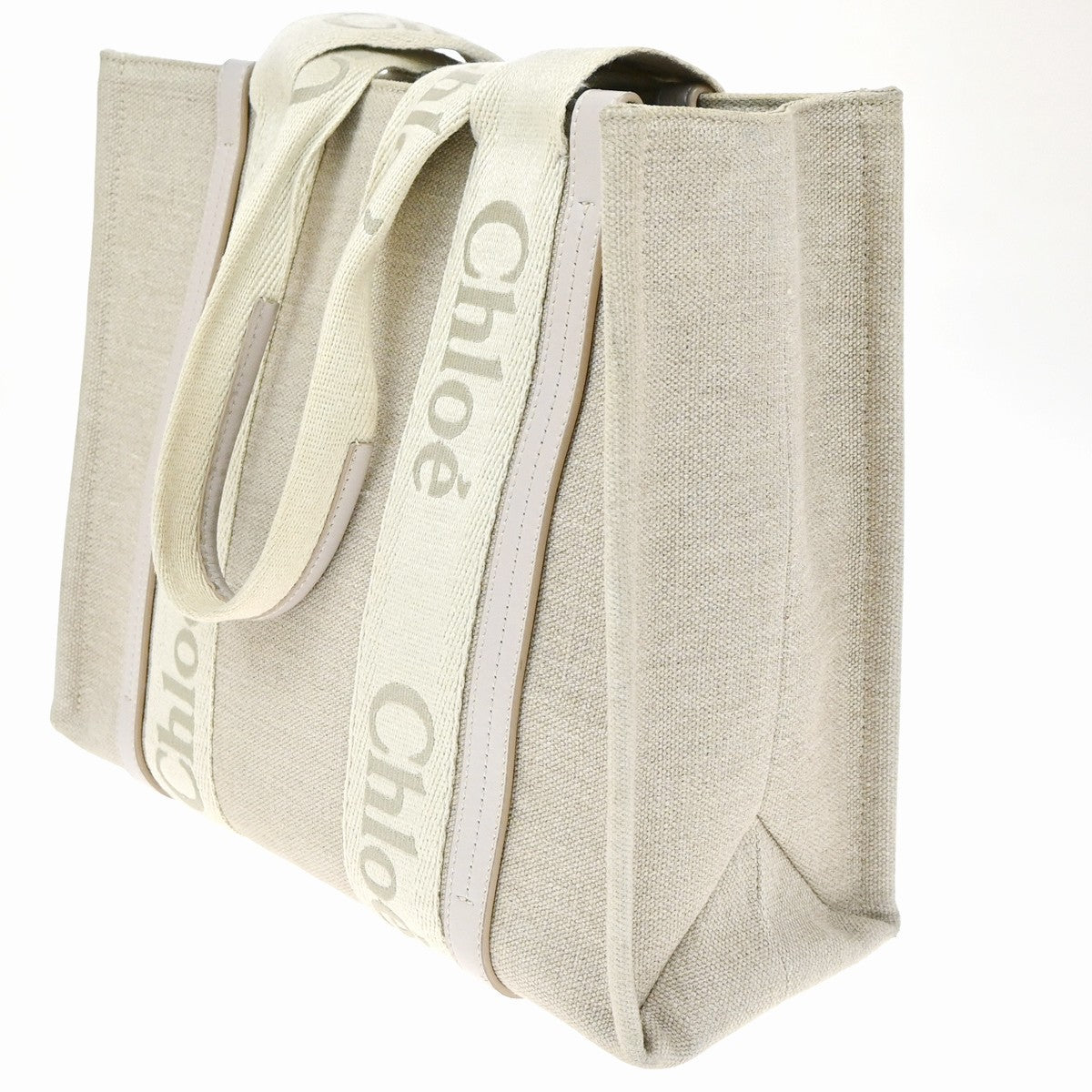 CHLOE Logo Woody Medium Shoulder Tote Bagi Linen Leather Beige Italy 84YJ242