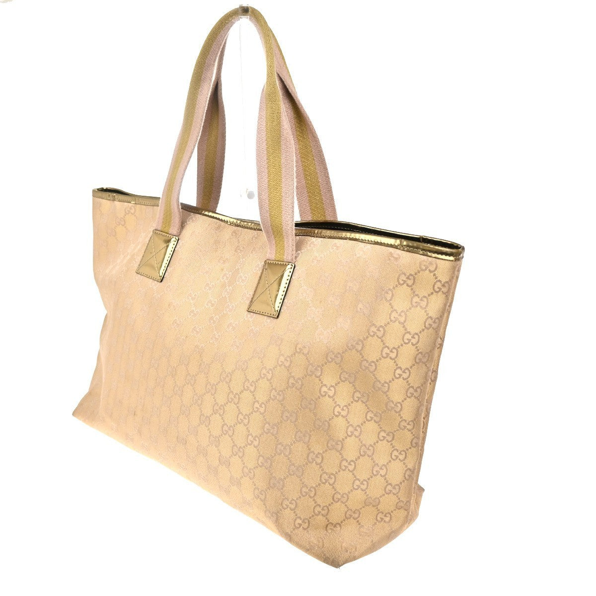 GUCCI GG Logo Canvas Shoulder Tote Bag Canvas Leather Gold Italy 34CA678
