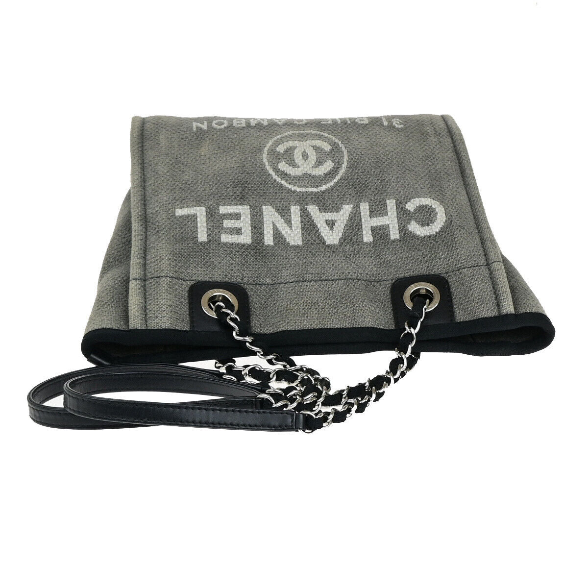 CHANEL CC Logo Deauville Chain Shoulder Tote Bag Canvas Leather GY SHW 663YG352