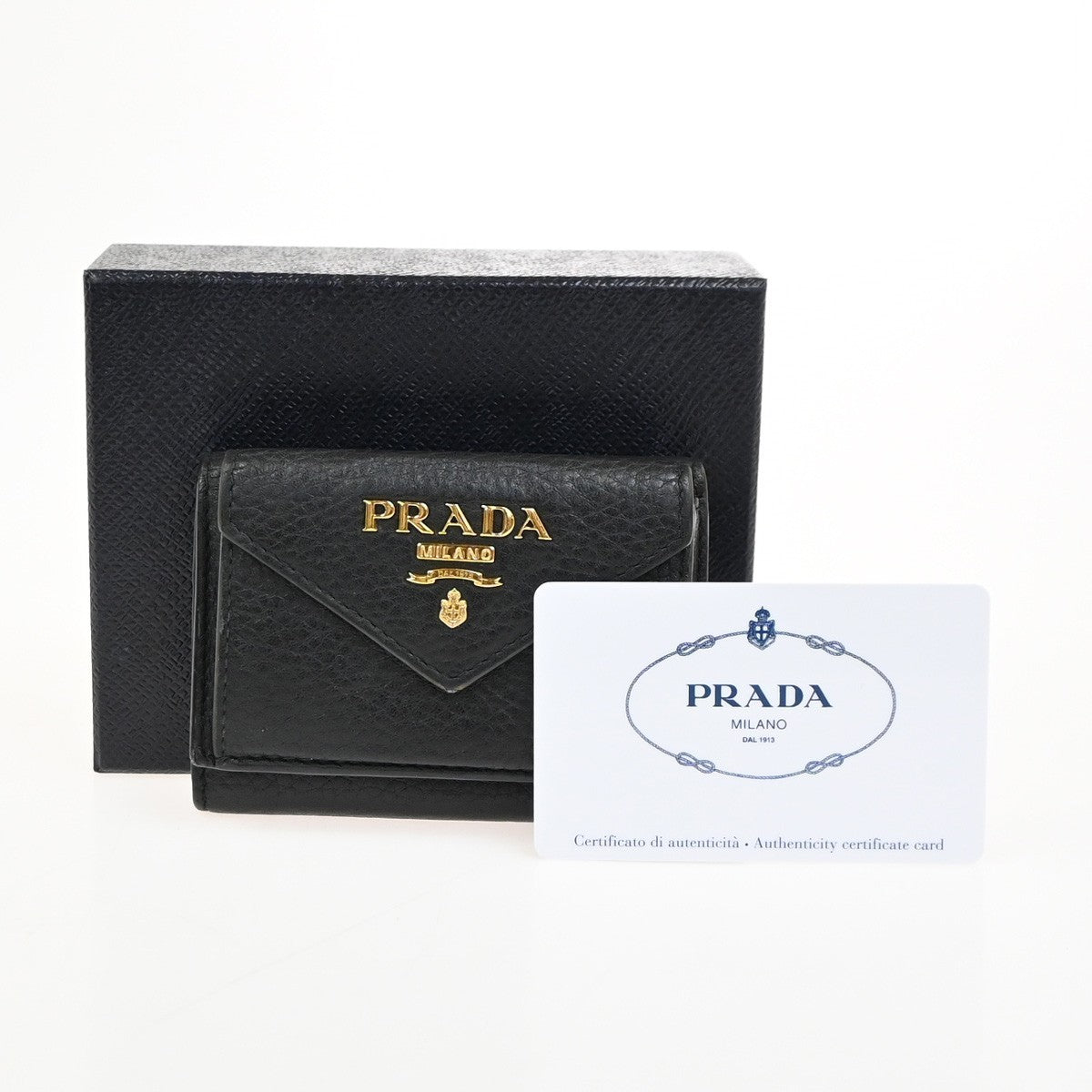 PRADA Logo Mini Compact Trifold Wallet Vitello Leather Black GHW 62KC693