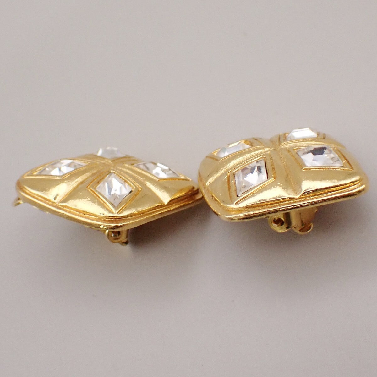 CHANEL Logo Rhinestone Diamond Shape Button Earrings Clip-On GHW 31RL075