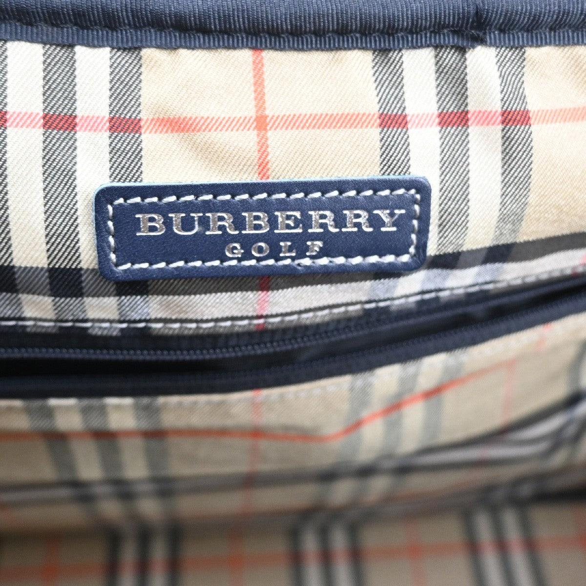 BURBERRY Golf Logo Nova Check Pattern Boston Bag Leather Navy Beige SHW 05CB019