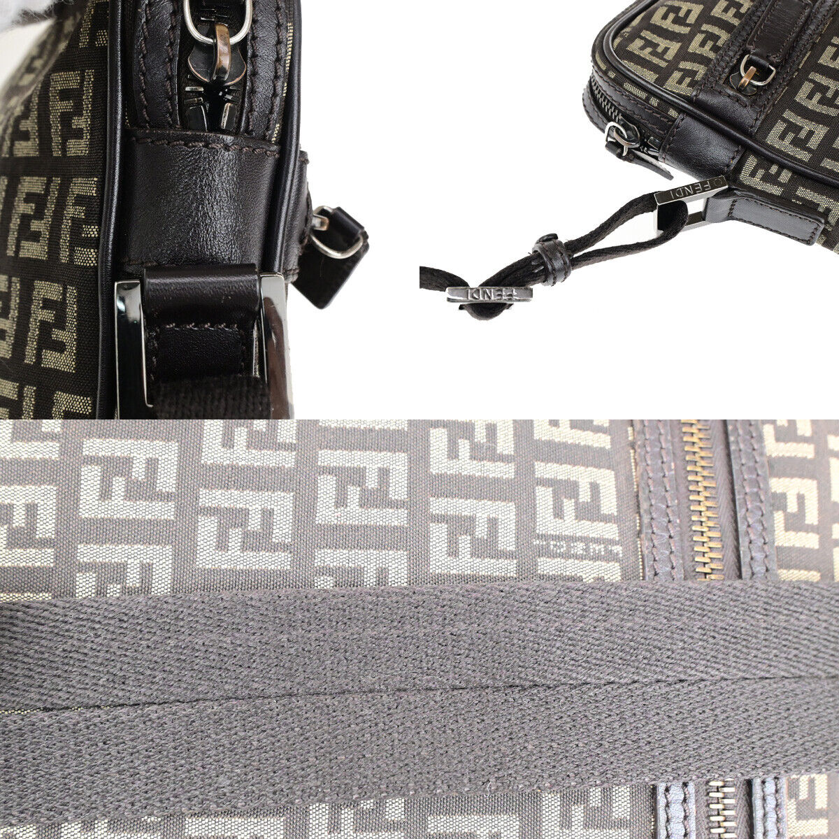 FENDI Logo Zucchino Pattern Shoulder Bag Canvas Leather Brown SHW Italy 87SJ495