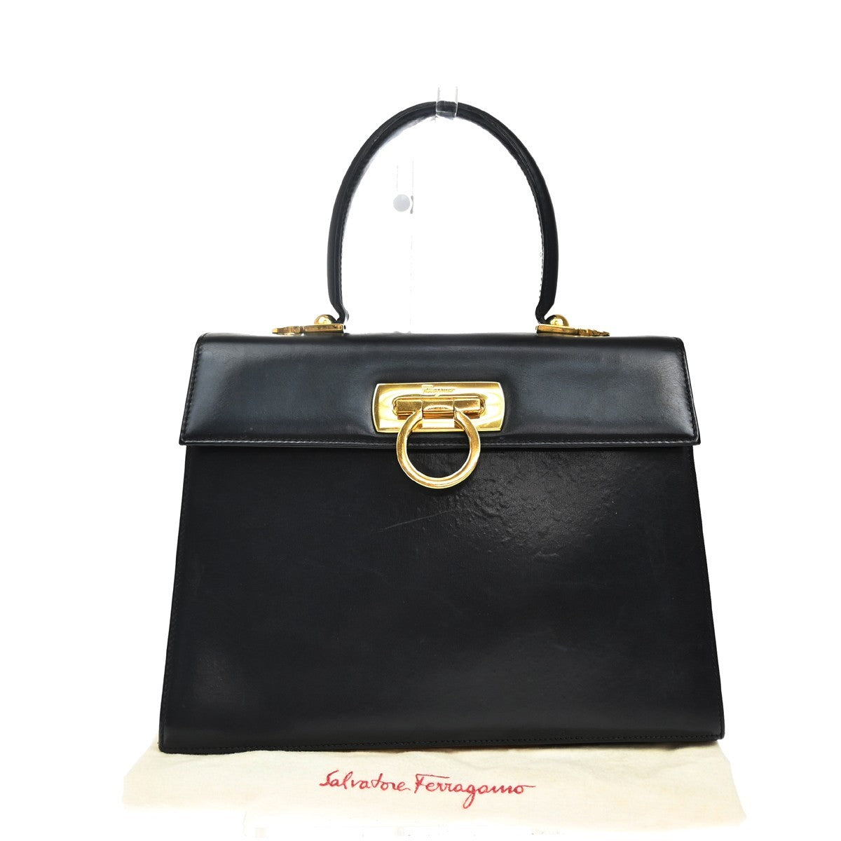 SALVATORE FERRAGAMO Logo Gancini Hand Bag Leather Black GHW Italy 36KA970