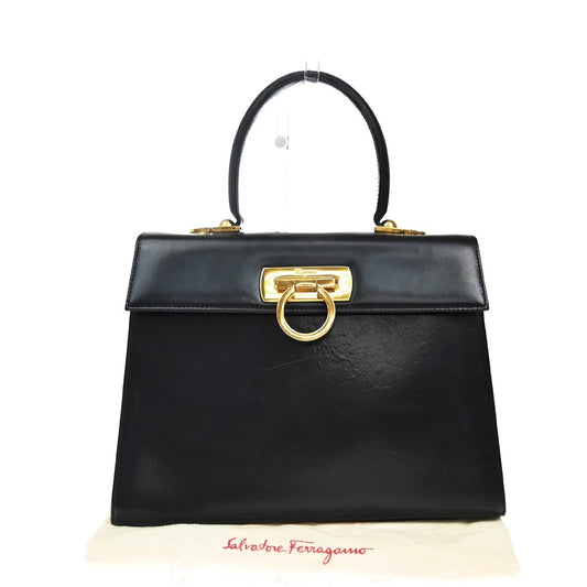 SALVATORE FERRAGAMO Logo Gancini Hand Bag Leather Black GHW Italy 36KA970