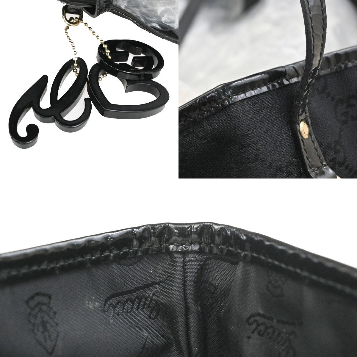 GUCCI Logo GG Pattern Shoulder Tote Bag Charm Canvas Patent Leather BK 38KB516