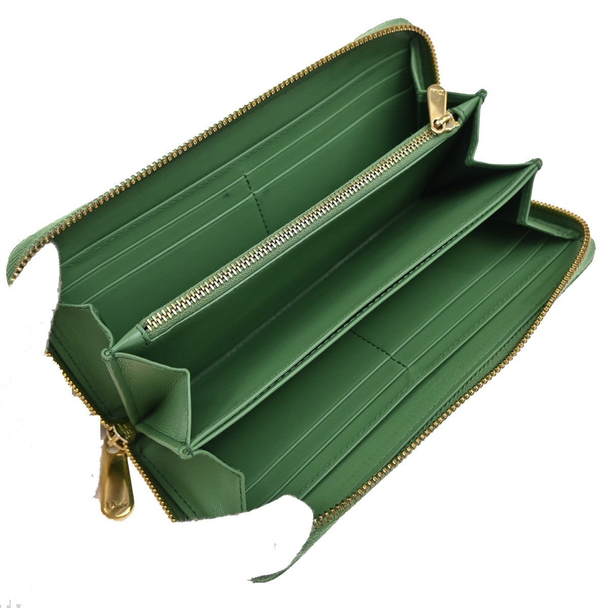 CHRISTIAN DIOR Logo Cannage Zip Around Long Wallet Patent Leather Green 36EG143