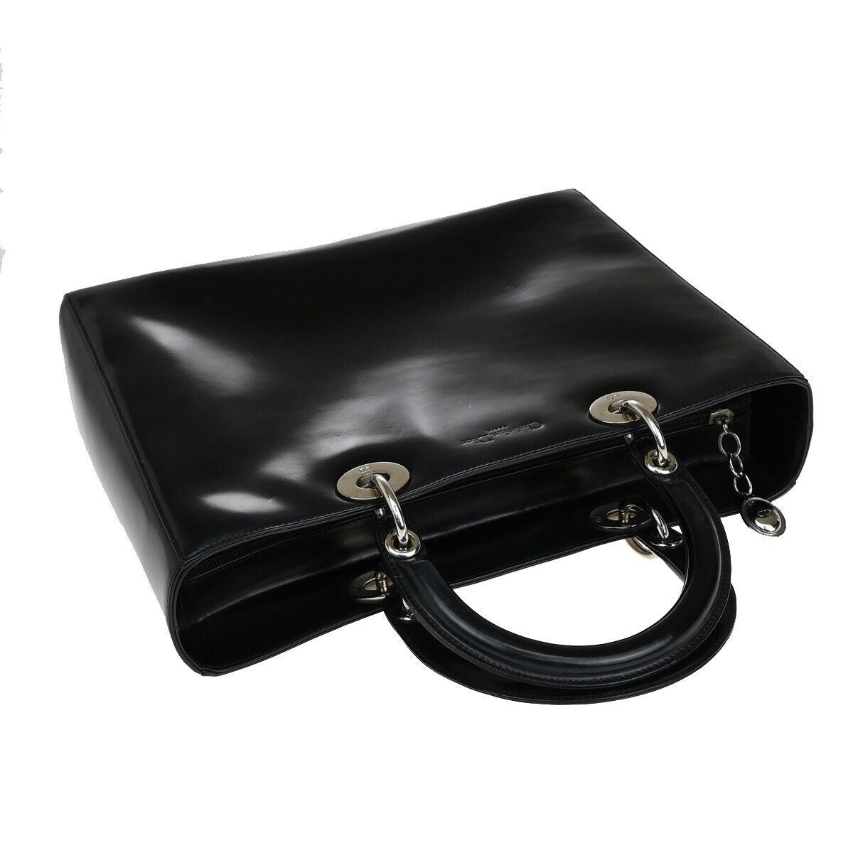 CHRISTIAN DIOR Lady Tote Hand Bag Patent Leather Black Silver Italy 12SH744