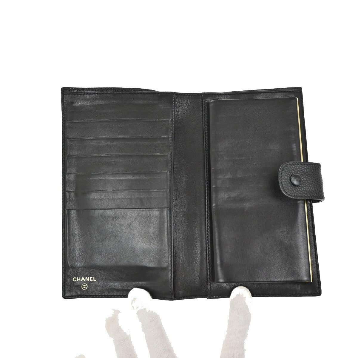 CHANEL CC LOGO Long Bifold Wallet Grained Calfskin Leather Black France 77RL156