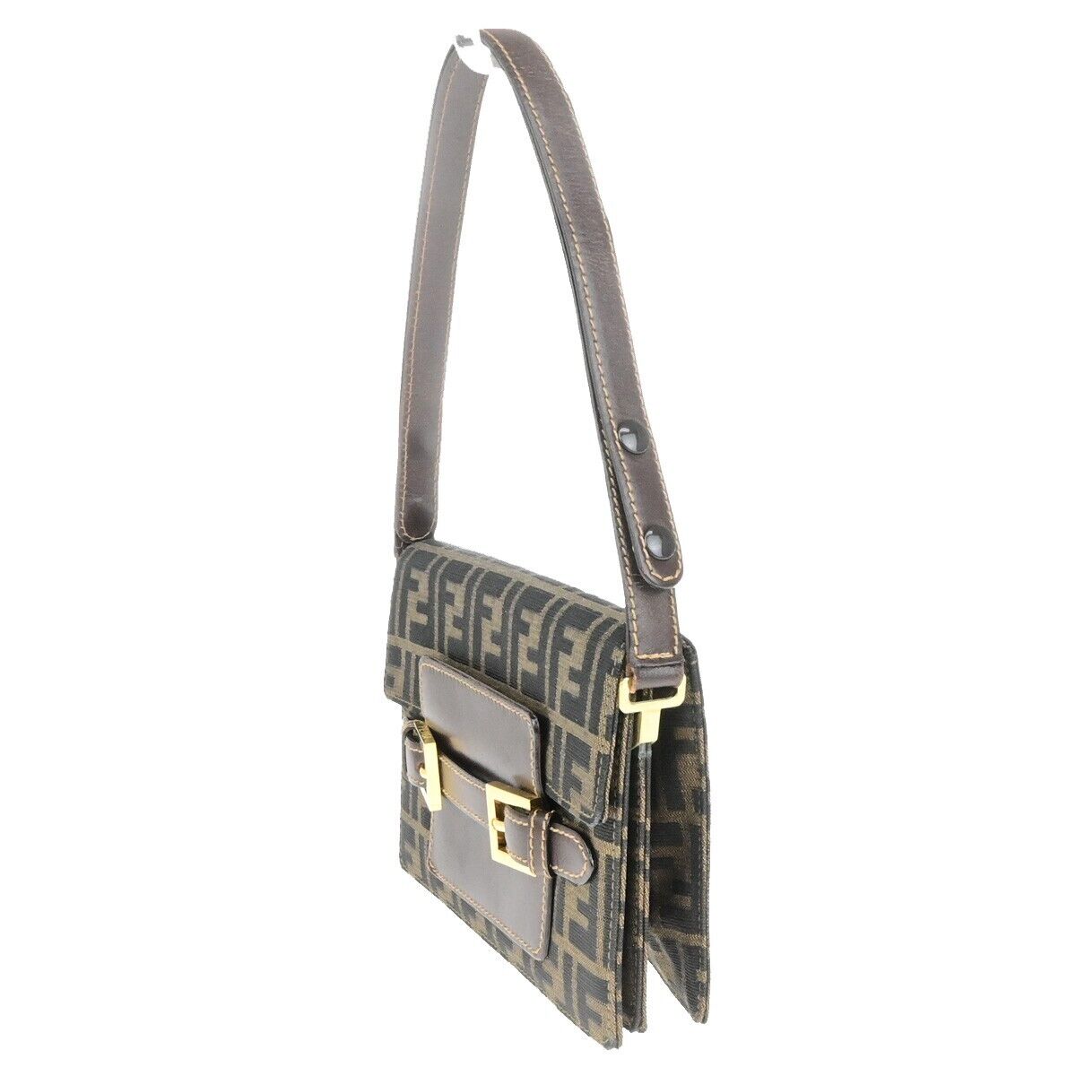 FENDI Logo Zucca Pattern Shoulder Bag Canvas Leather Brown GHW Italy 79ED281