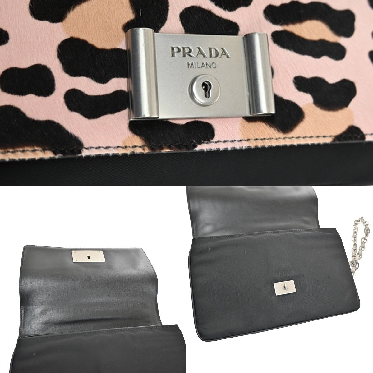 PRADA MILANO Leopard Chain Shoulder Bag Hair on Leather Nylon Black Pink 99KC004