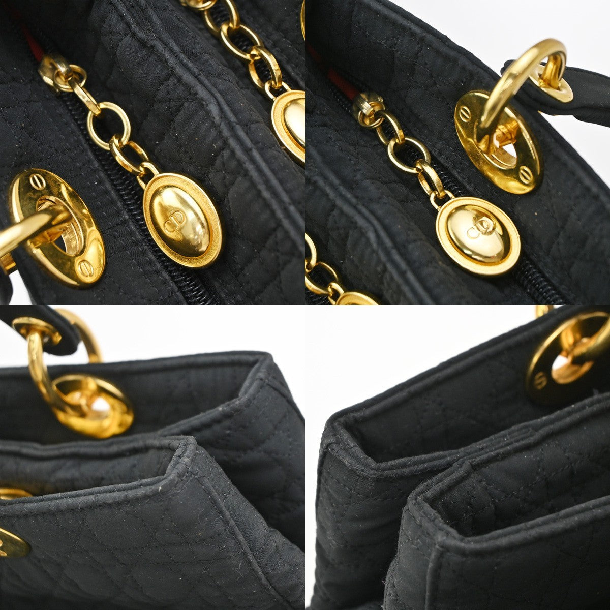 CHRISTIAN DIOR Logo Lady Cannage Hand Bag Nylon Leather Black GHW Italy 77EG377