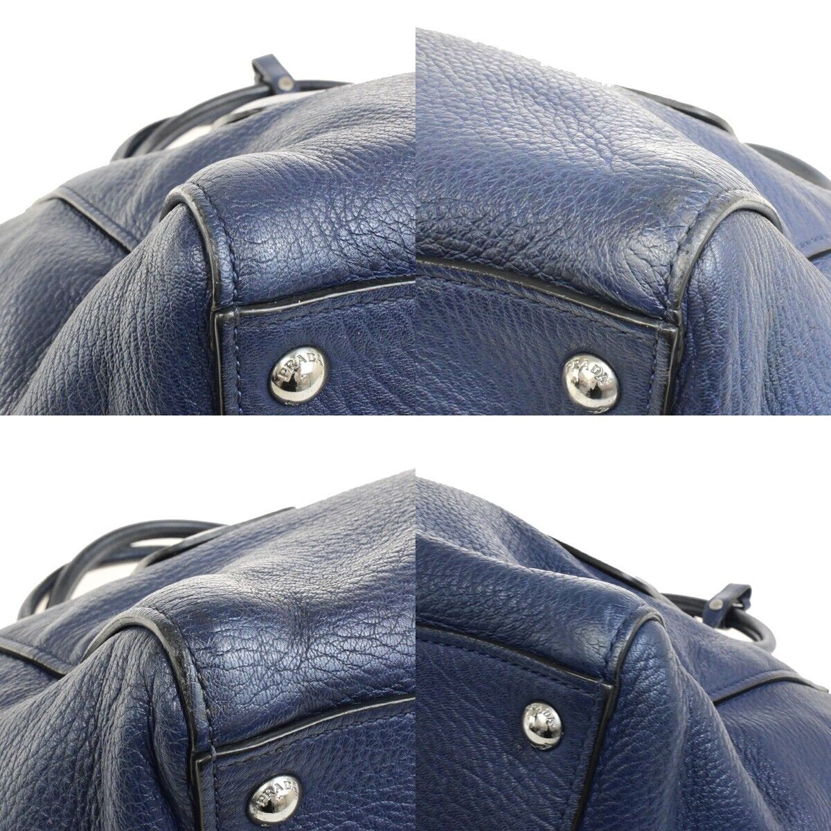 PRADA Milano Logo Shoulder Hand Bag Leather Navy Blue SHW Italy 31ED928