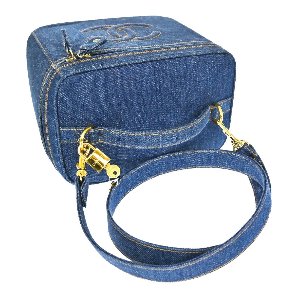 CHANEL CC Logo 2Way Shoulder Hand Vanity Bag Denim Leather Blue Vintage 744RH823