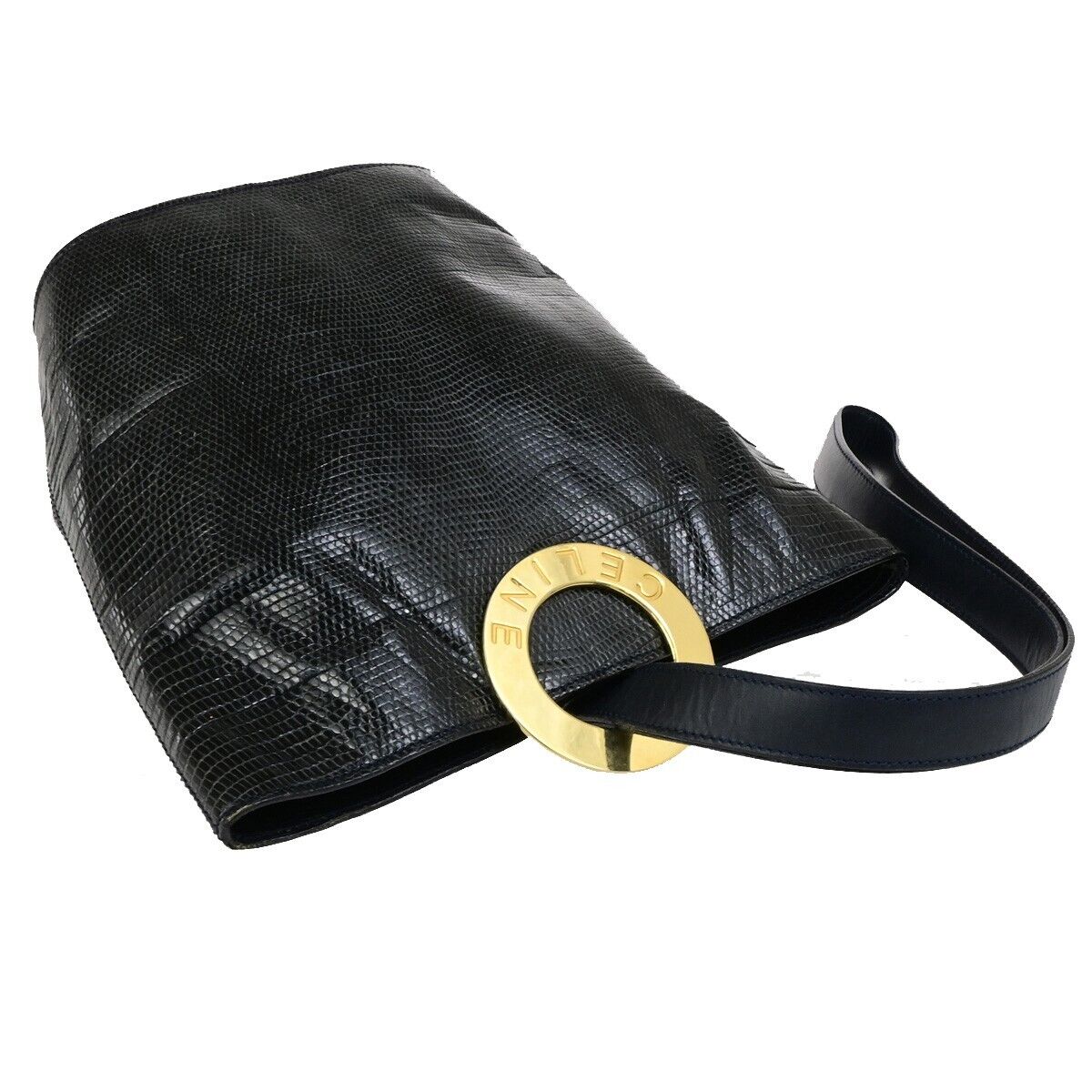CELINE Logo Circle Shoulder Bag Exotic Leather Navy Blue GHW Italy 82KA435