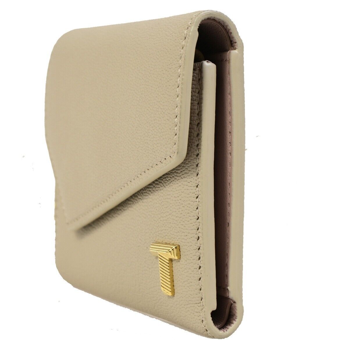 TIFFANY & CO. T Logo Trifold Wallet Purse Leather Beige GHW Italy 35RK271