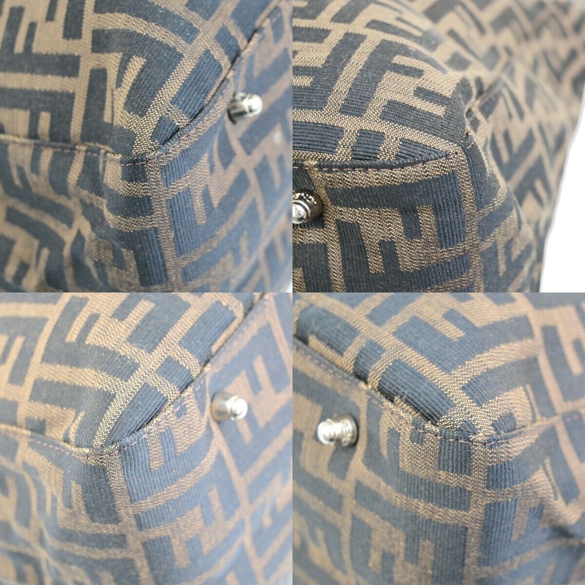 FENDI Logo Zucca Pattern Hand Tote Bag Canvas Leather Brown Silver Italy 98RF206