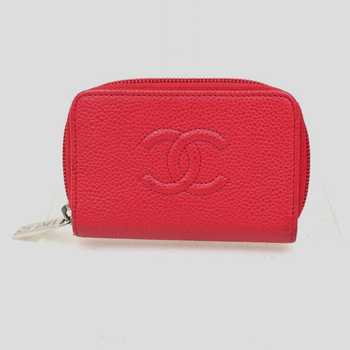 CHANEL CC Logo Zip Around Coin Wallet Grained Calfskin Leather Red Italy 87RL776