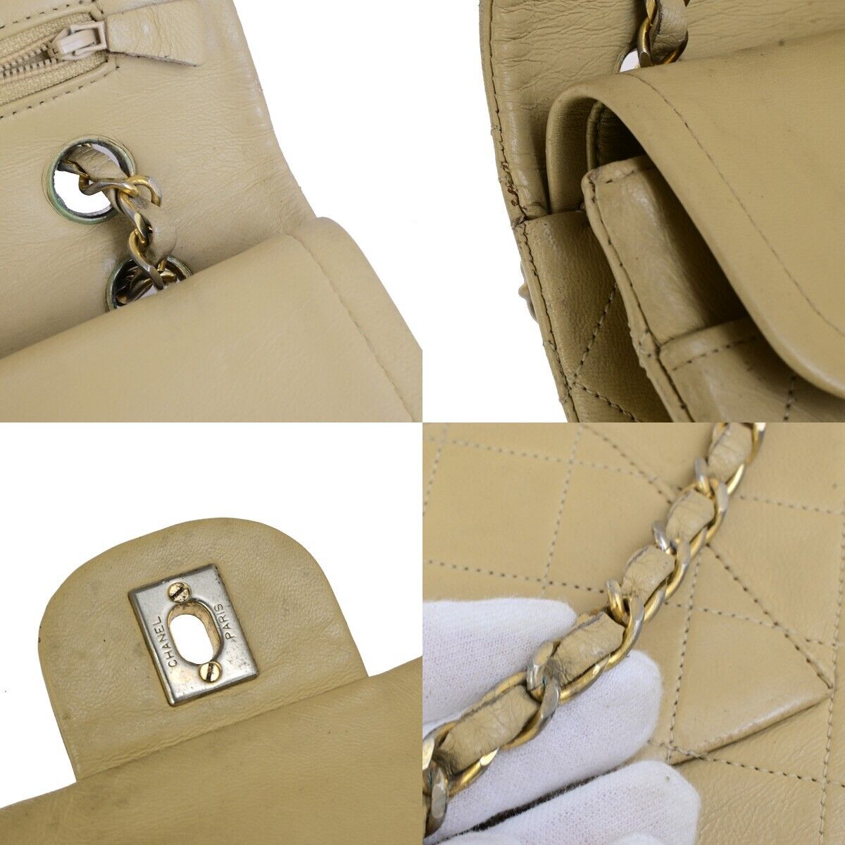 CHANEL CC Matelasse 25 Double Flap Chain Shoulder Bag Leather Beige GHW 636FB329
