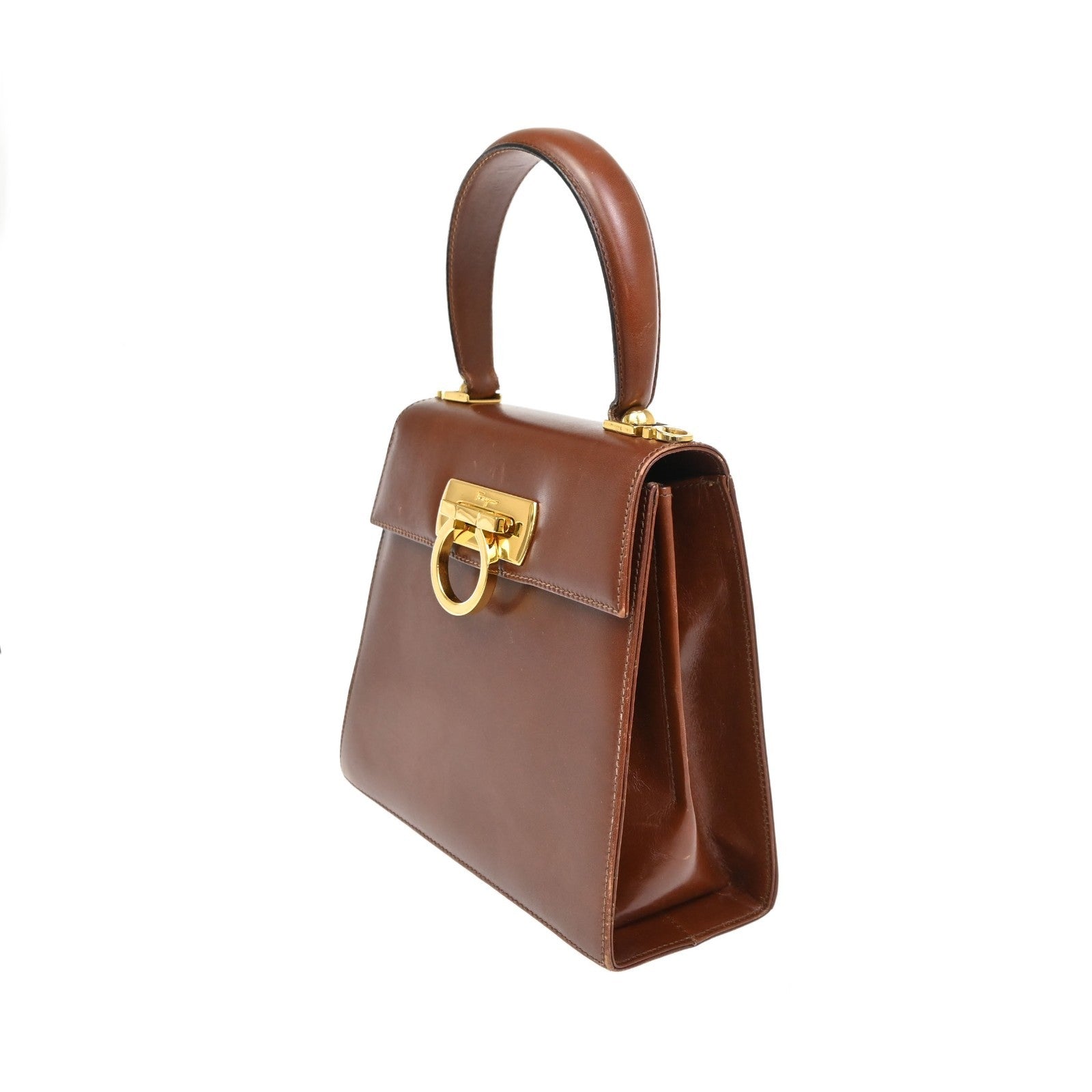 Salvatore Ferragamo Gancini 2Way Shoulder Hand Bag Leather Brown Gold 34CA728
