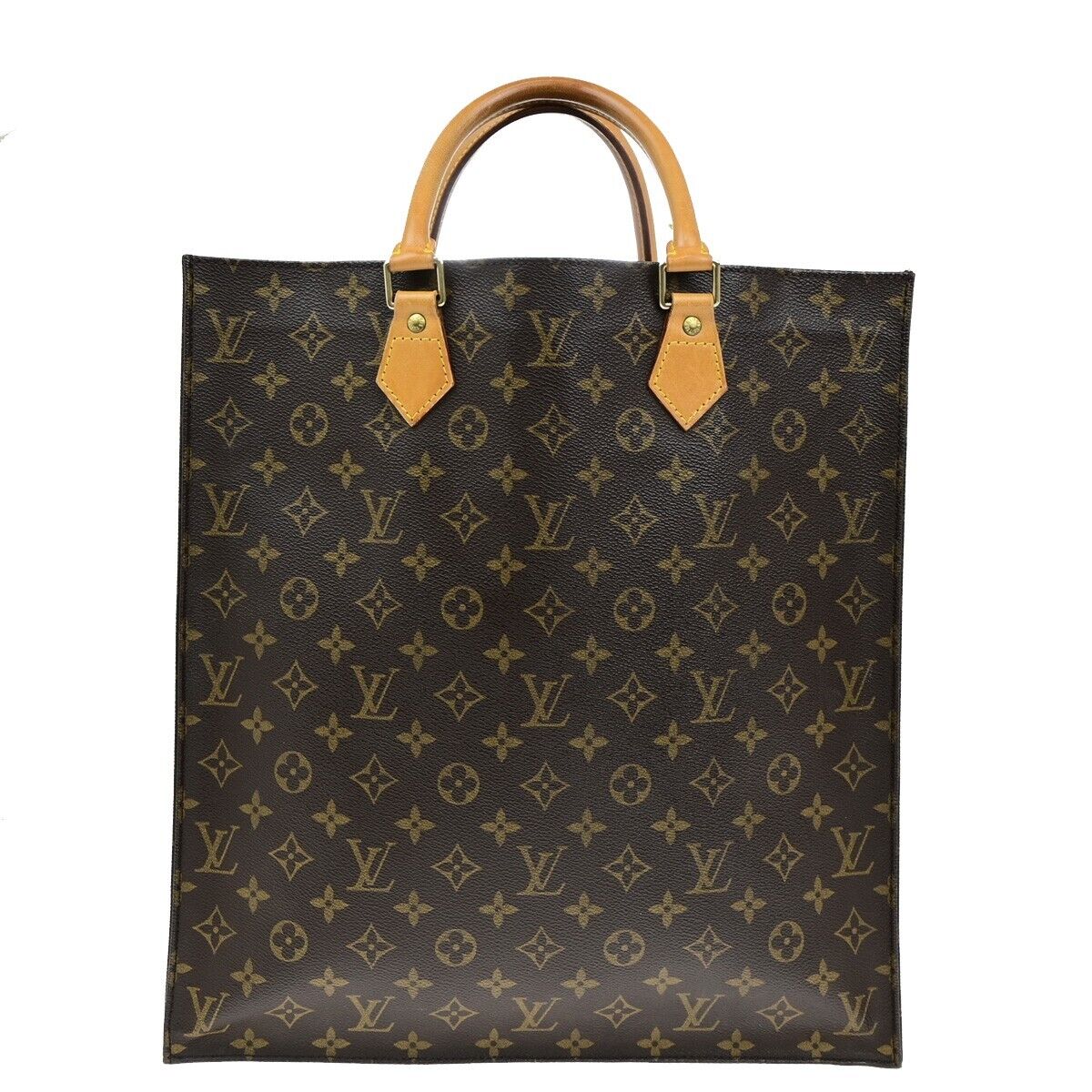 LOUIS VUITTON Logo Sac Plat Hand Tote Bag Monogram Leather Brown M51140 39ED895