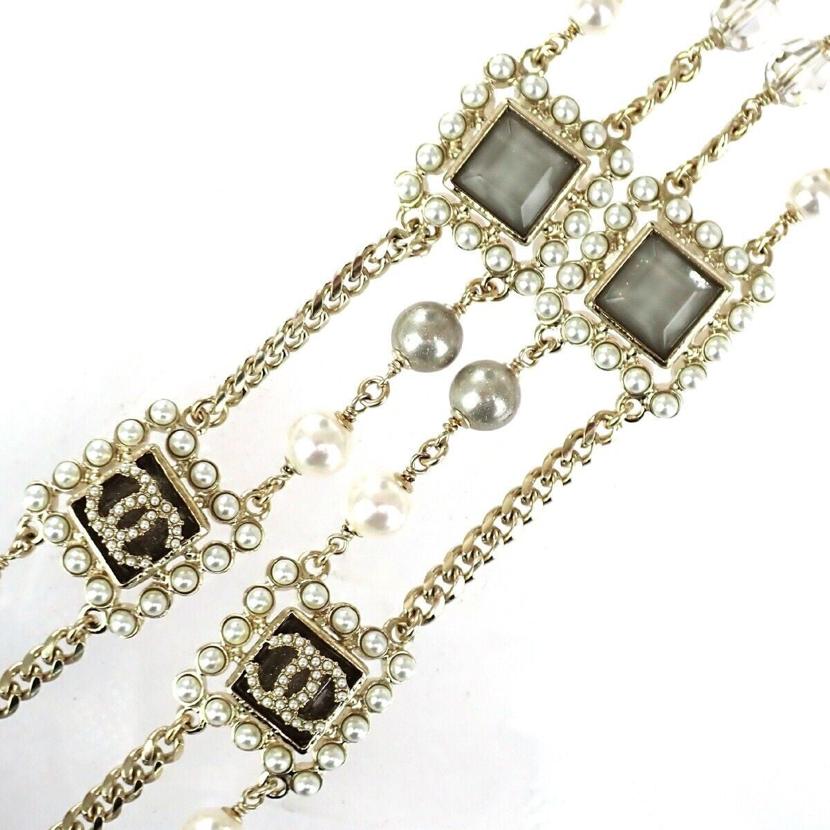 CHANEL CC Imitation Pearl Chain Long Necklace Color Stone G21V Gold 685LC023