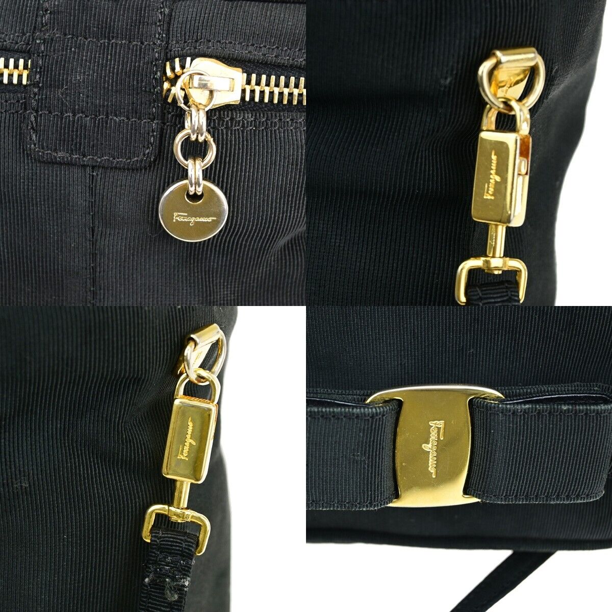 SALVATORE FERRAGAMO Vara Vanity Hand Shoulder Bag Canvas Leather Black 09KA255