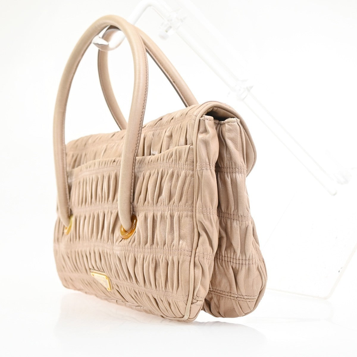 PRADA Logo Flap Shoulder Hand Bag Gathered Nappa Leather Beige Italy 70MA395