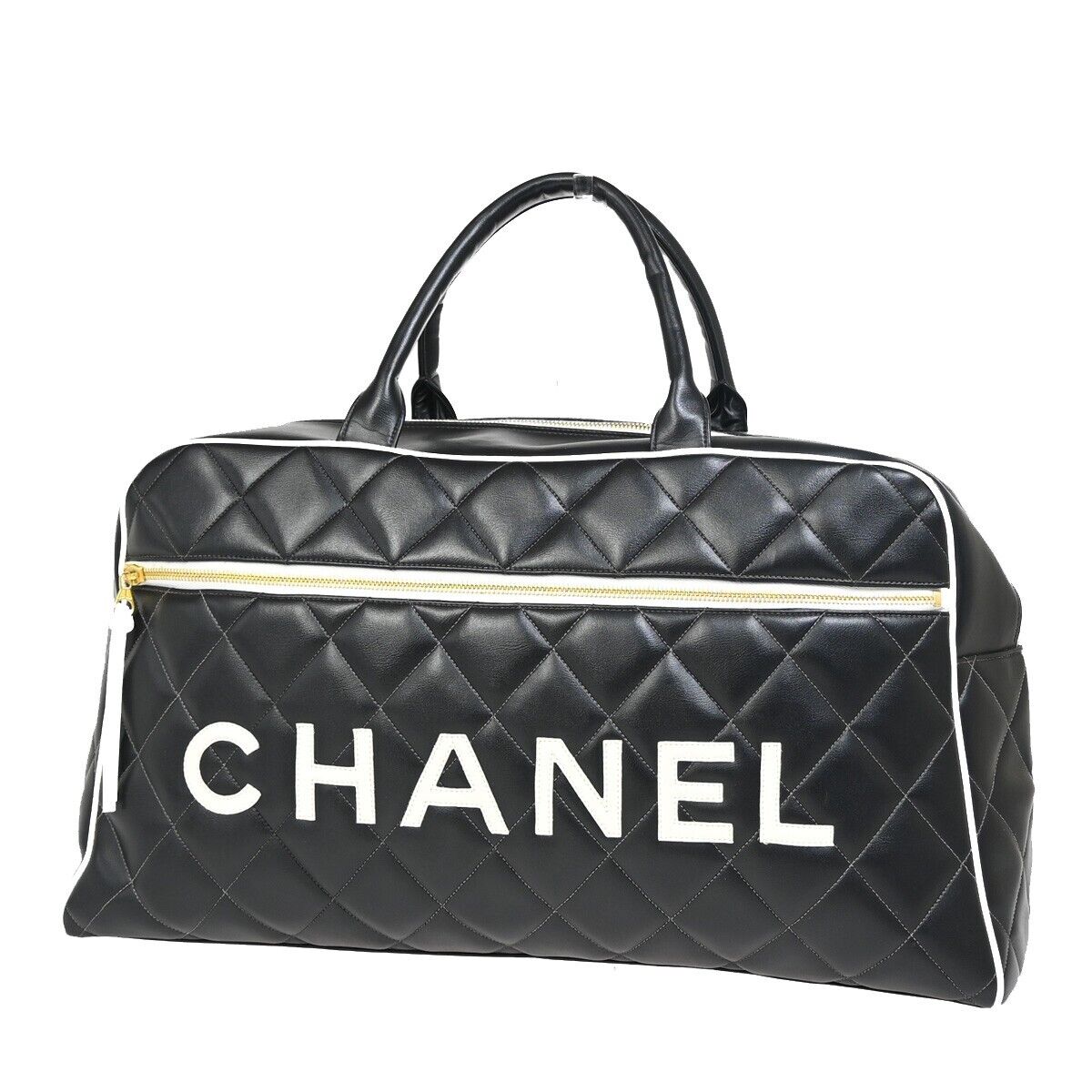CHANEL CC Logo Matelasse Travel Hand Bag  Leather Black White GHW 847RF134