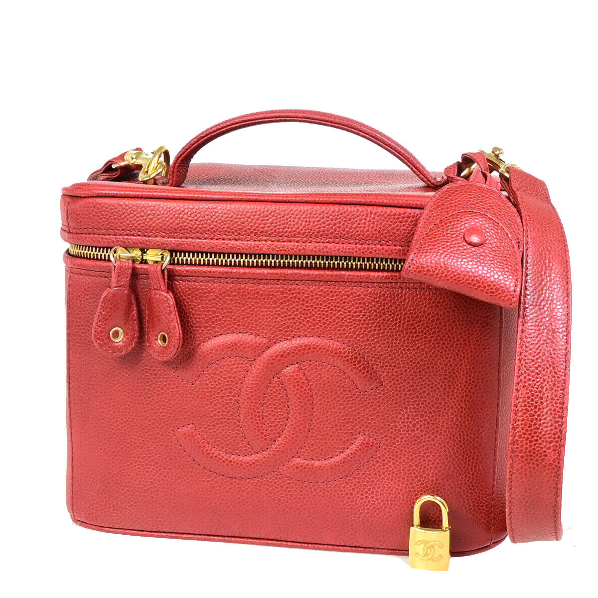 CHANEL CC Logo 2Way Vanity Hand Bag Caviar Skin Leather Red GHW Vintage 309RK387