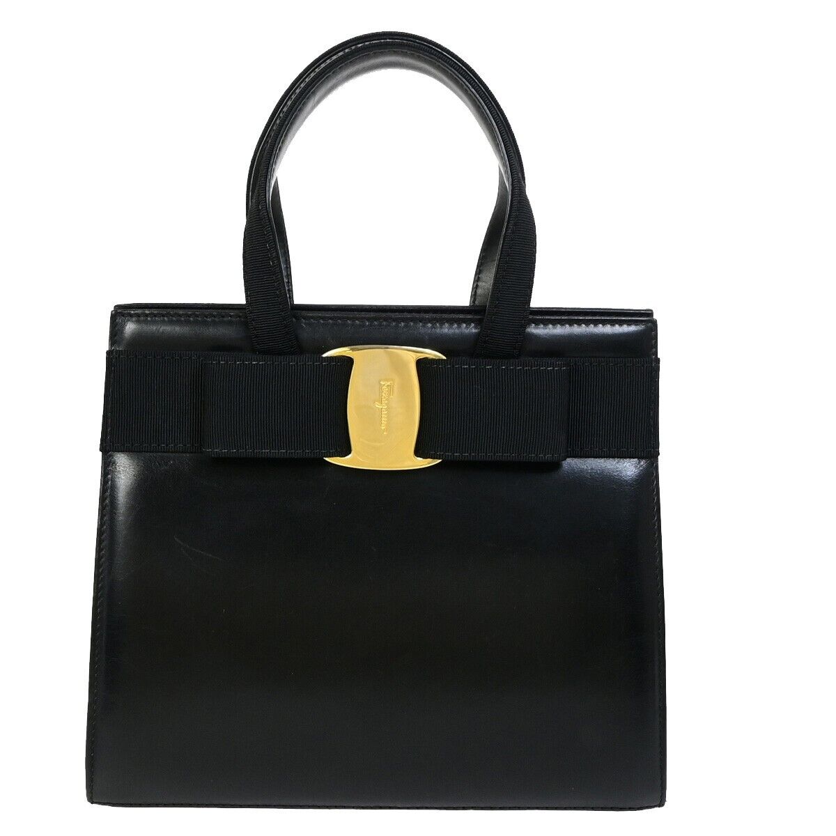 SALVATORE FERRAGAMO Logo Vara Hand Bag Canvas Leather Black Gold Italy 64EC119