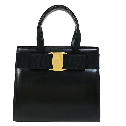 SALVATORE FERRAGAMO Logo Vara Hand Bag Canvas Leather Black Gold Italy 64EC119