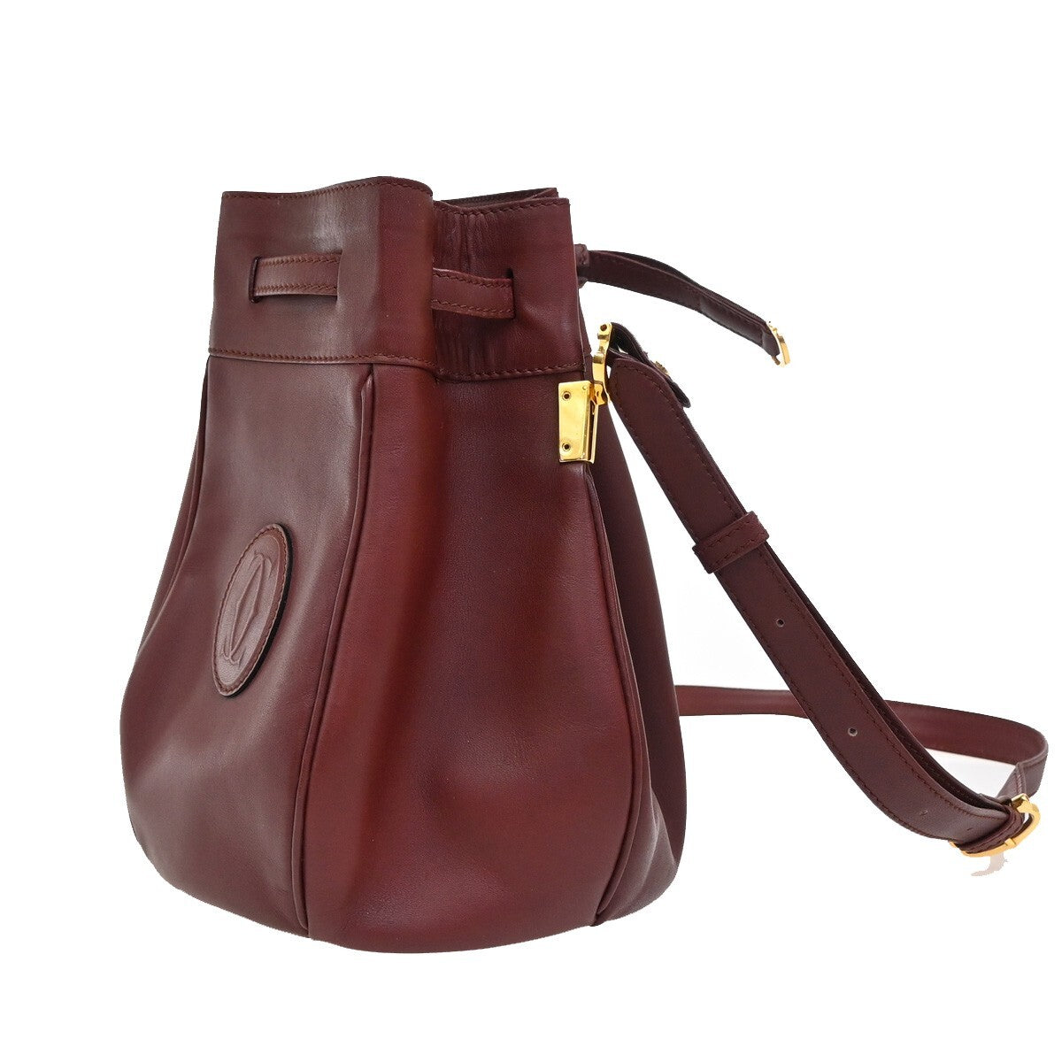 MUST DE CARTIER 2C Logo Drawstring Shoulder Bag Leather Red Gold 38EE280