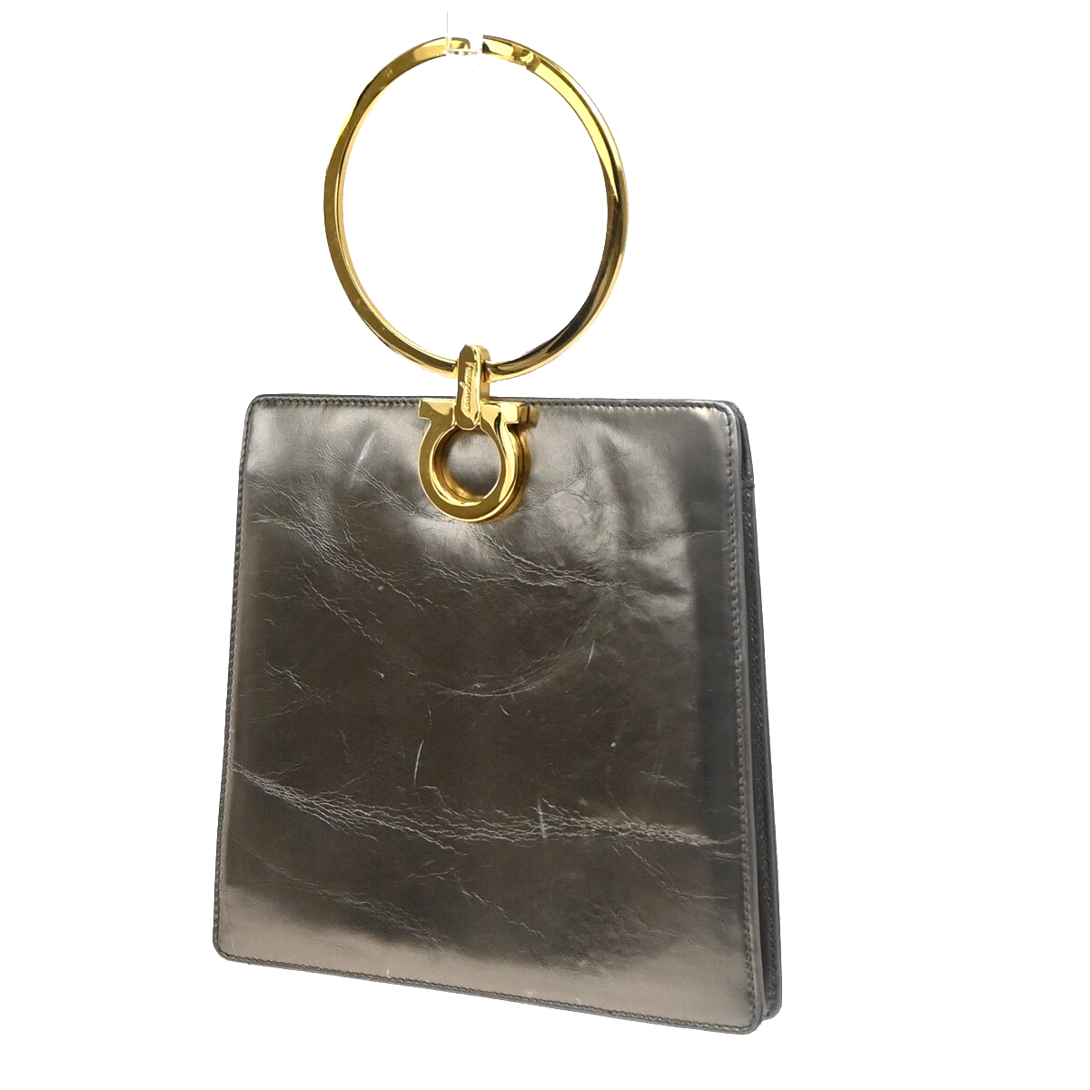 SALVATORE FERRAGAMO Gancini Metal Handle Clutch Hand Bag Leather Gold 62FB855